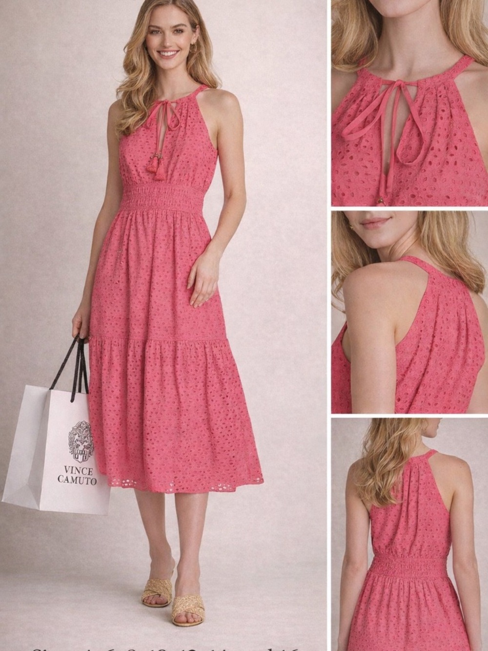 Vince Camuto Coral Pink Eyelet Halter Midi Dress